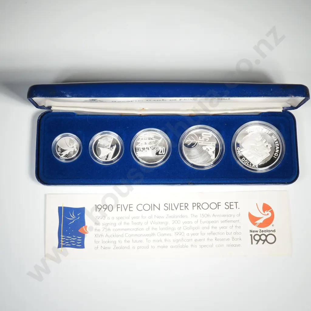 1990 New Zealand Five Coin Silver Proof Set - 60.89 Grams ASW Image 1++