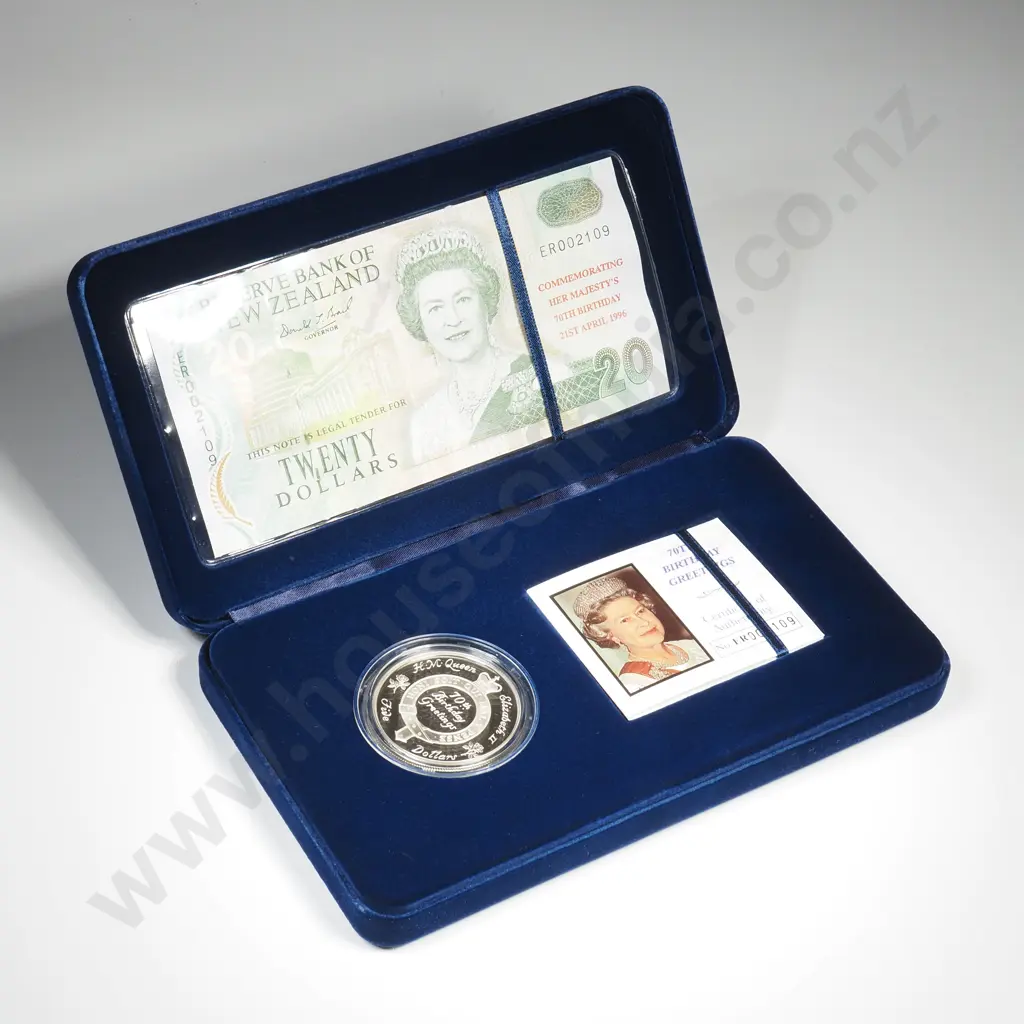 1996 note and coin set, QEII 70th Birthday. C.V $850 Image 1++