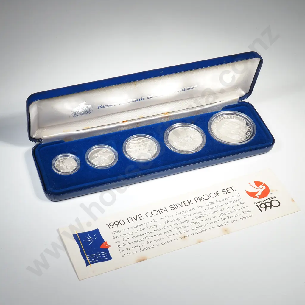 1990 New Zealand Five Coin Silver Proof Set - 60.89 Grams ASW Image 1++