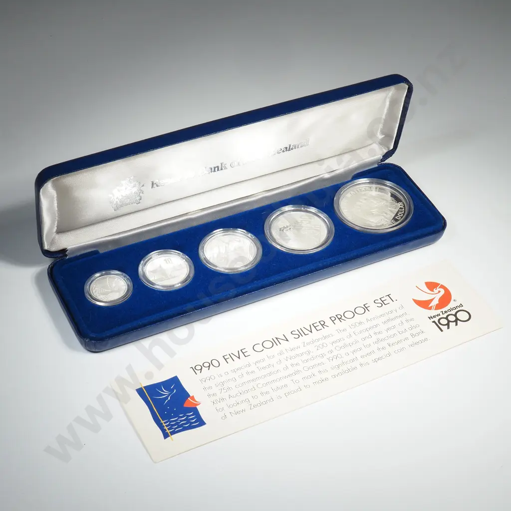 1990 New Zealand Five Coin Silver Proof Set - 60.89 Grams ASW Image 1++