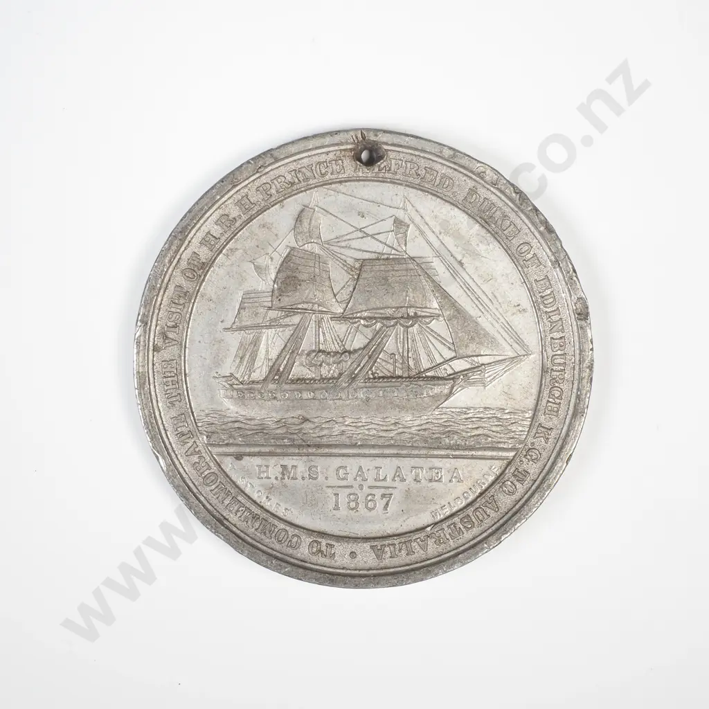 1867 Australian Pewter Medal Commemorating the visit of the Duke of Edinburgh. Maker - Stokes, Melbourne. Slight Bend Image 1++