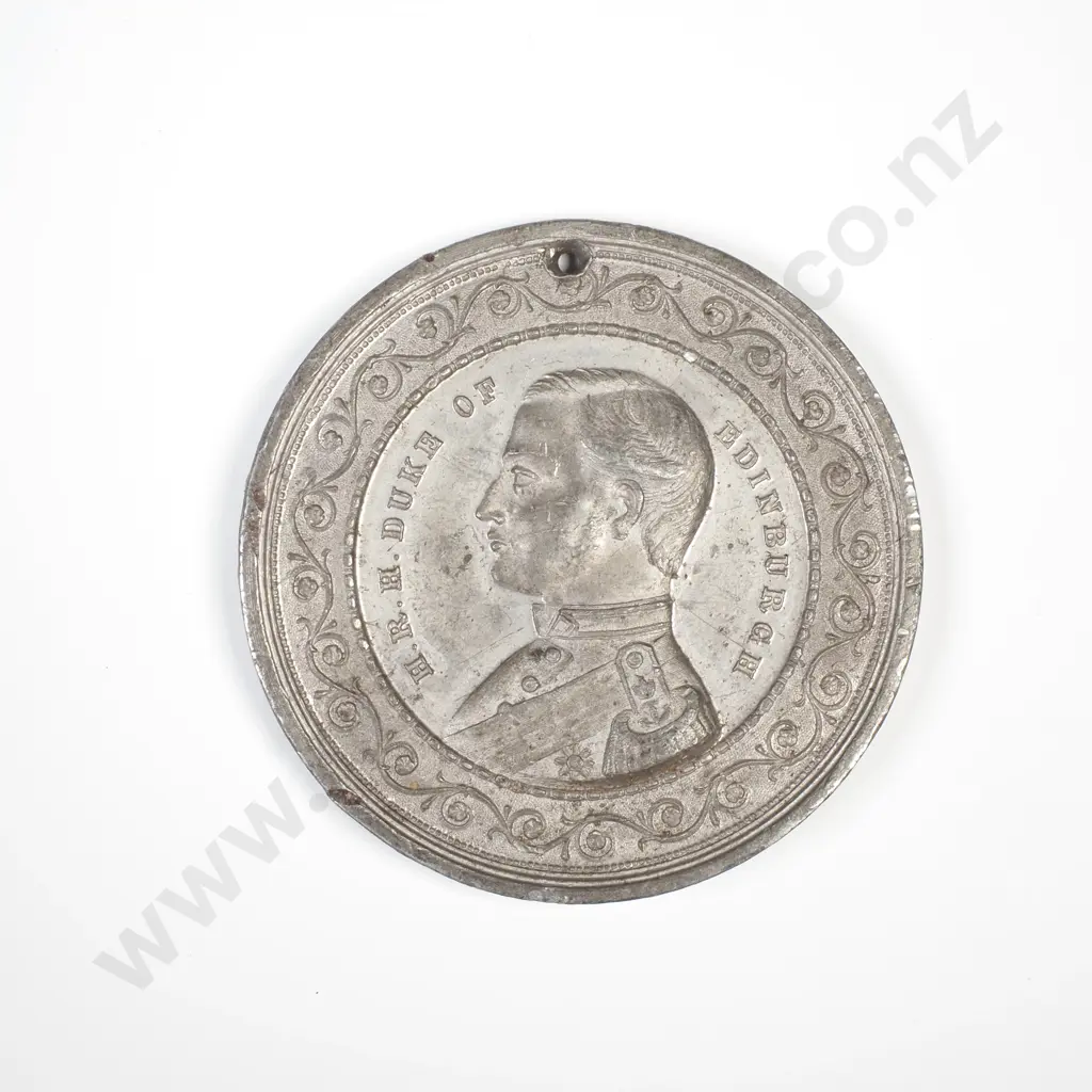 1867 Australian Pewter Medal Commemorating the visit of the Duke of Edinburgh. Maker - Stokes, Melbourne. Slight Bend Image 1++