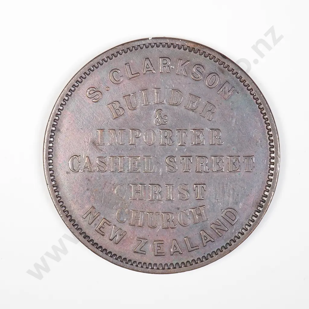 NZ Christchurch 1875 S.Clarkson Penny Token Image 1++