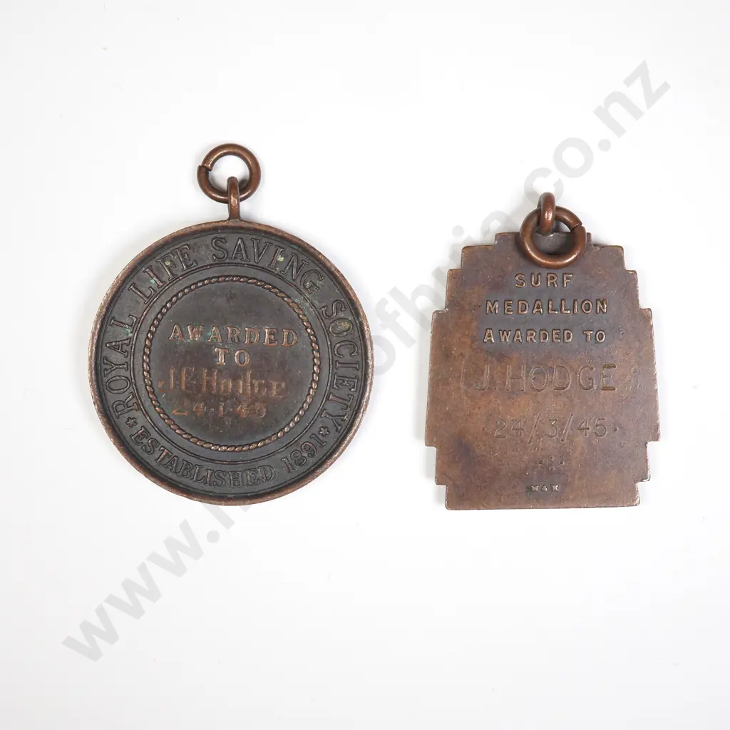 NZ One Life Saving & One Surf Life Saving medallion awarded to J.Hodge Image 1++