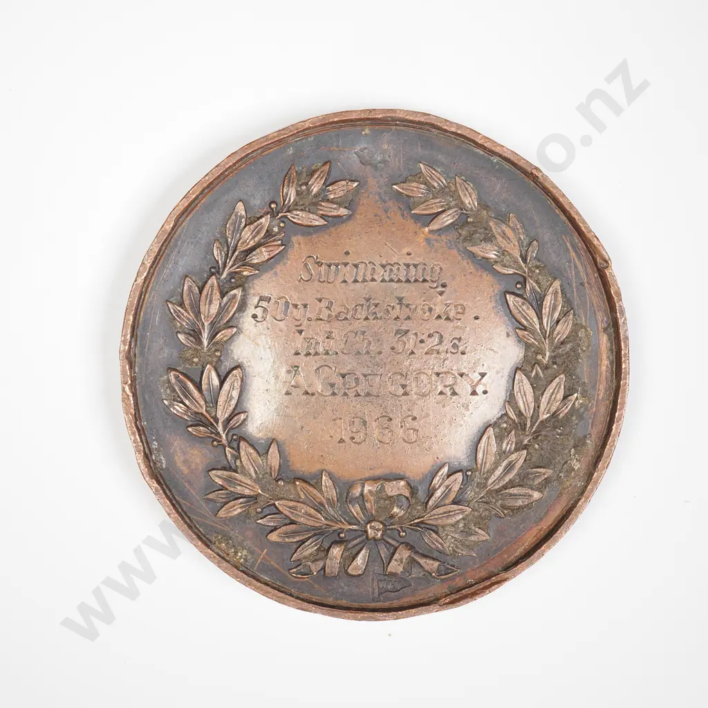 NZ 1966 Rotorua High School Medal for 50 Yards Backstroke awarded to A Gregory Image 1++