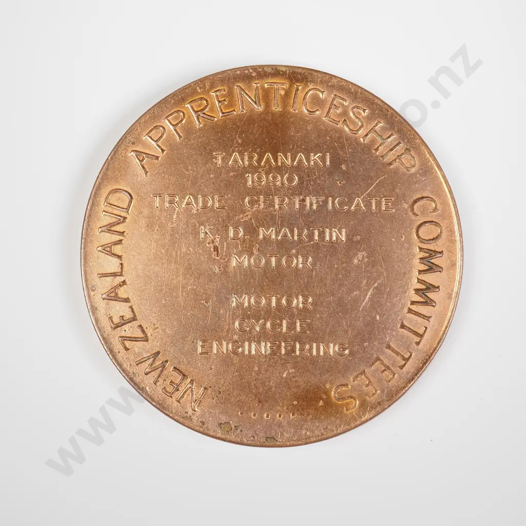 NZ Apprenticeship Committees Trade Certificate medal awarded to K.D.Martin Image 1++