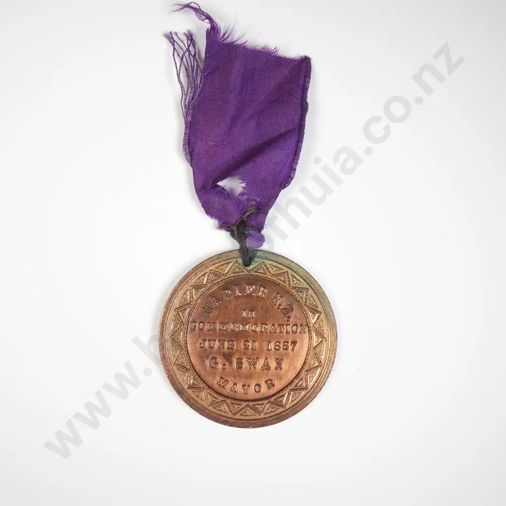 NZ 1887 Queen Victoria Golden Jubilee Commemoration Medallion with Ribbon - Napier Image 1++