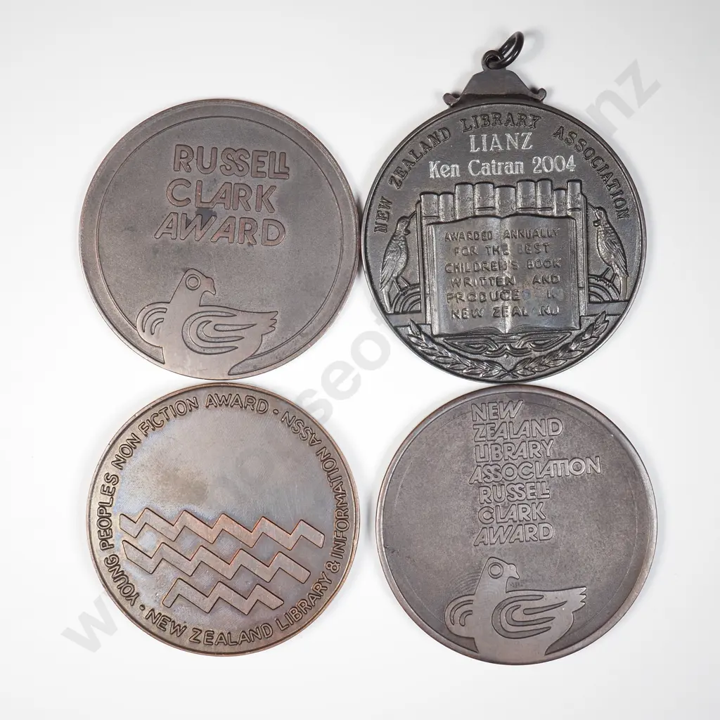 NZ Library Association Esther Glen Medal Awarded to Ken Catran 2004 plus three other award tokens Image 1++