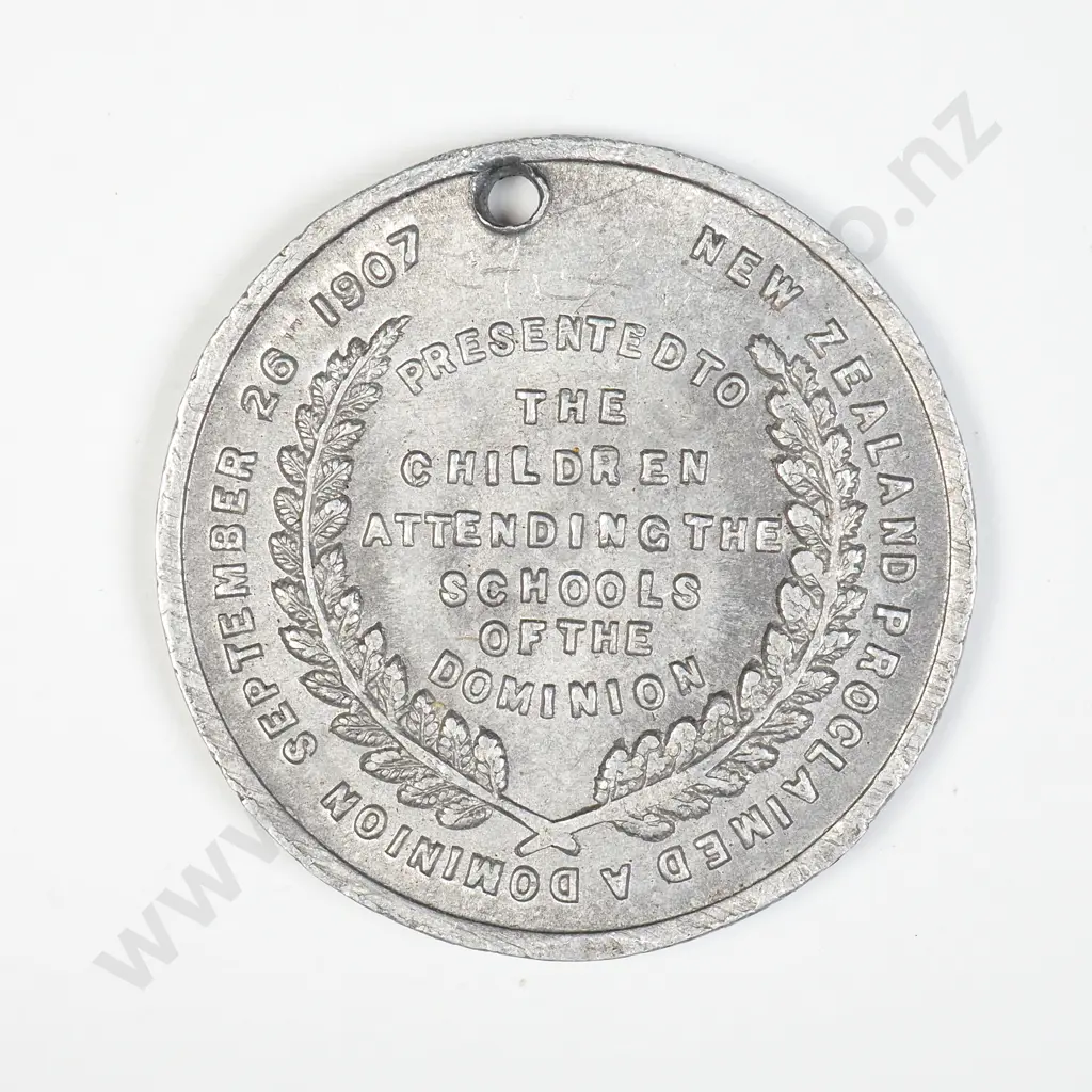 NZ 1907 Dominion Day School Children's Medallion Magnalium Image 1++