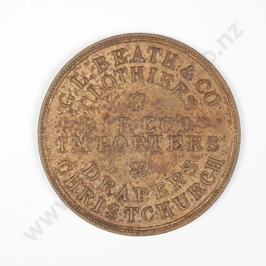 NZ Christchurch G.L.Beath & Co Clothiers and Drapers Token Image 1++