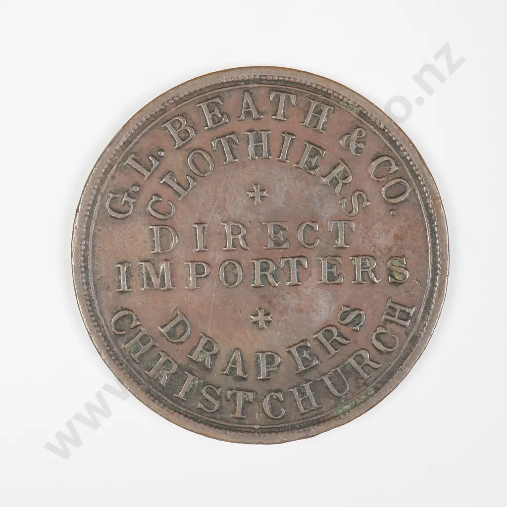 NZ Christchurch G.L.Beath & Co Clothiers and Drapers Token Image 1++