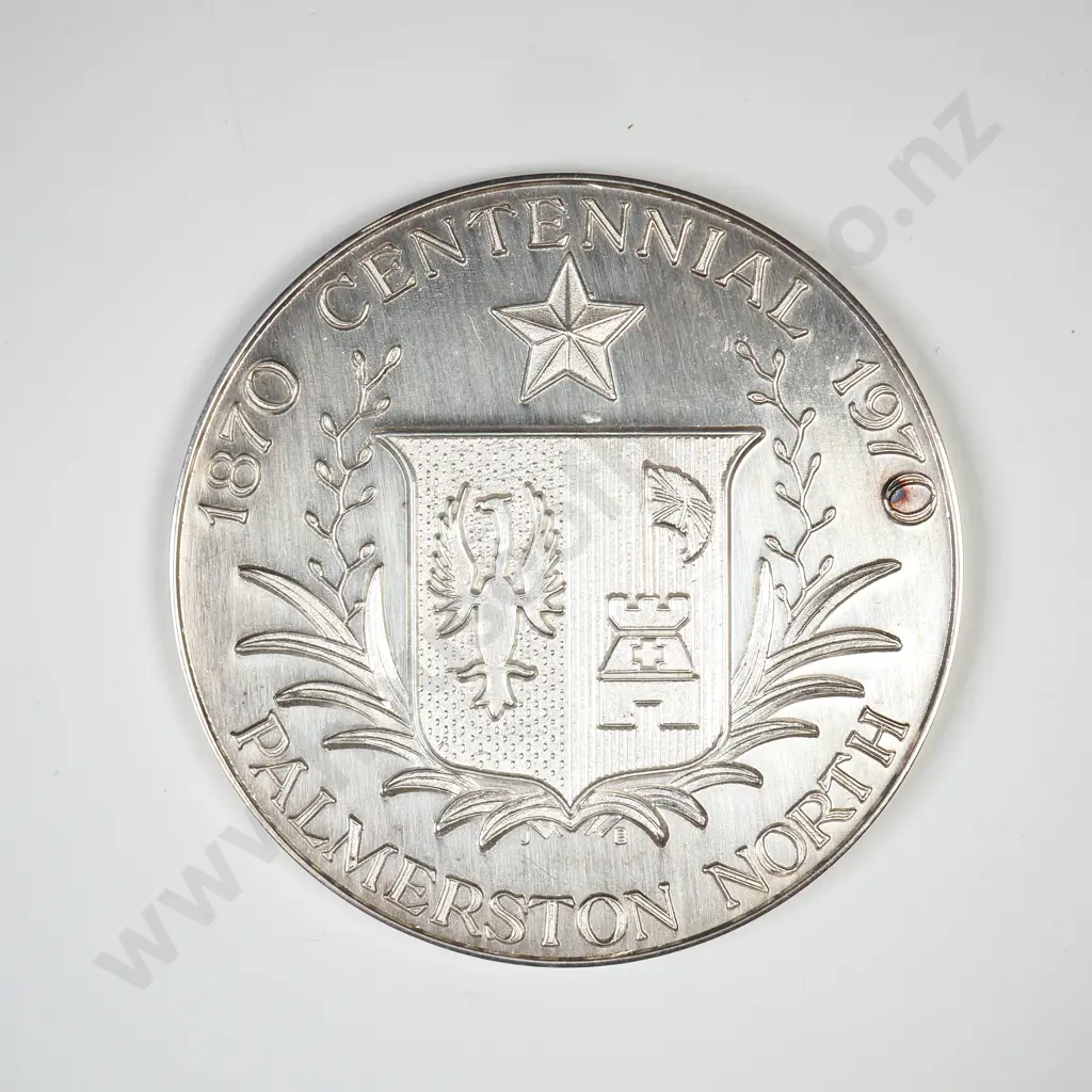 Cased New Zealand 1970 Palmerston North Centennial Sterling Silver Medallion, 50mm in diameter, 67.9 grams Image 1++