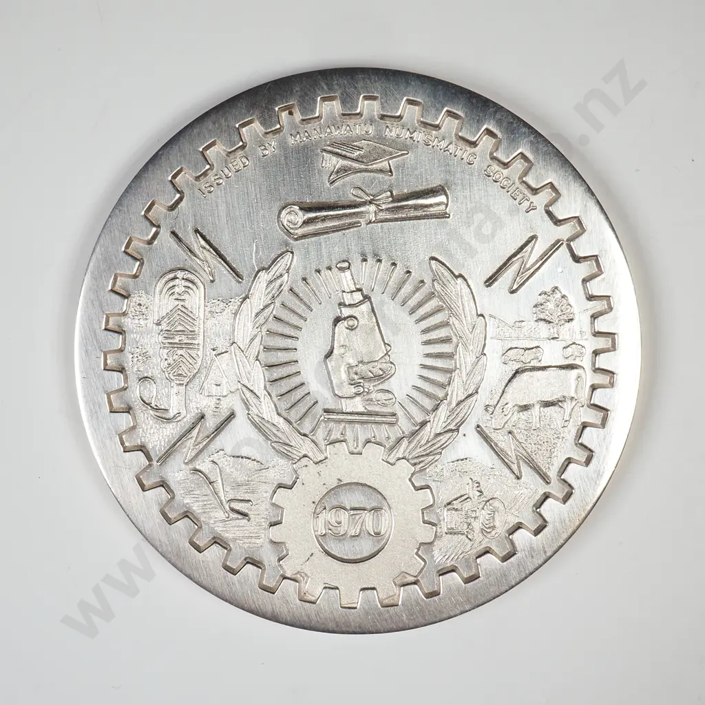 Cased New Zealand 1970 Palmerston North Centennial Sterling Silver Medallion, 50mm in diameter, 67.9 grams Image 1++