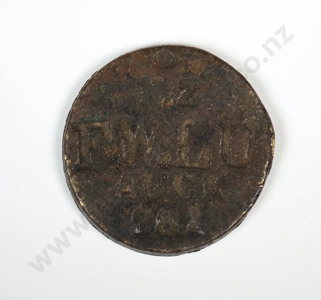 Brass token stamped “NZ / FWLU / AUCK / 281” ( Federated Wharf Labourers Union ), “W. INGRAM / MAKER / DUNEDIN”, 30mm. Listed in The John Bertrand New Zealand Coin & Banknote Catalogue 2025 as number F5 but not Auckland Image 1++