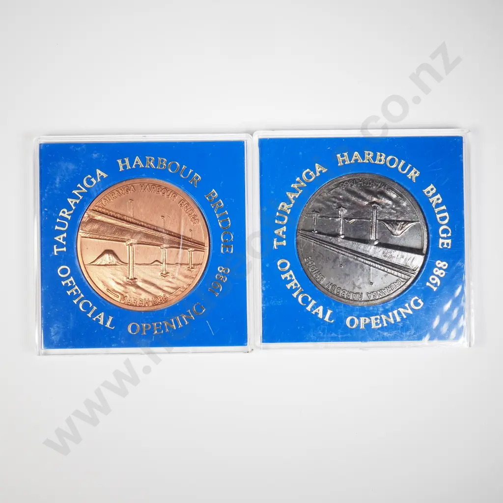 NZ 1988 Two Tauranga Harbour Bridge Official Opening souvenir tokens Image 1++