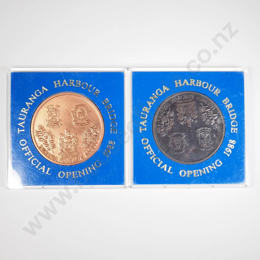 NZ 1988 Two Tauranga Harbour Bridge Official Opening souvenir tokens Image 1++