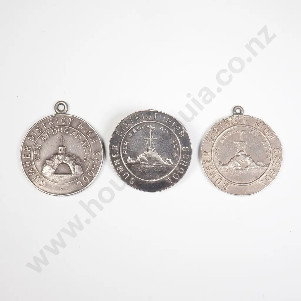 NZ 1924-1927 Three Sumner District High School Sports Medals awarded to Bruce & Mollie Lee Image 1++