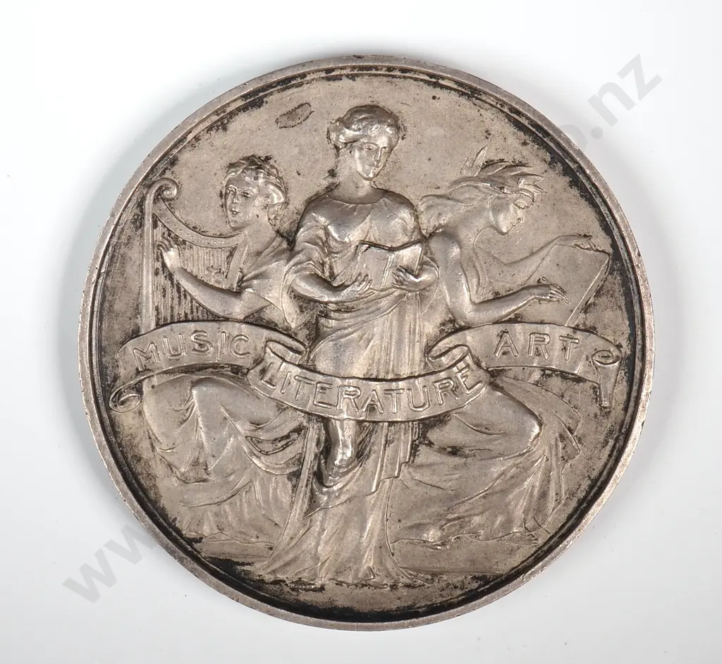Antique sterling silver medal “AUCKLAND LITERARY AND MUSICAL COMPETITIONS SOCIETY N.Z.”, engraved “DRAWING / HECTOR COCHRAN / 1910”, 54mm, 42.3 GRAMS Image 1++