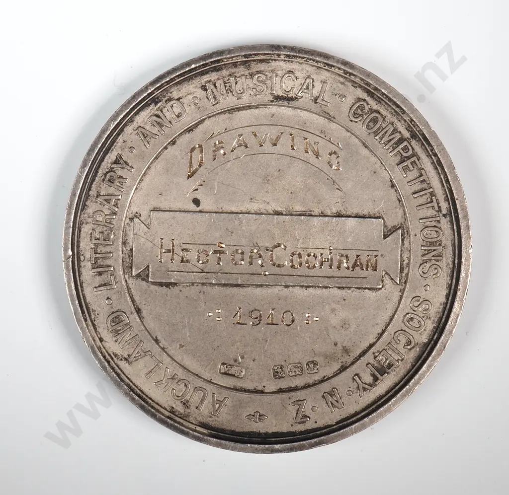 Antique sterling silver medal “AUCKLAND LITERARY AND MUSICAL COMPETITIONS SOCIETY N.Z.”, engraved “DRAWING / HECTOR COCHRAN / 1910”, 54mm, 42.3 GRAMS Image 1++