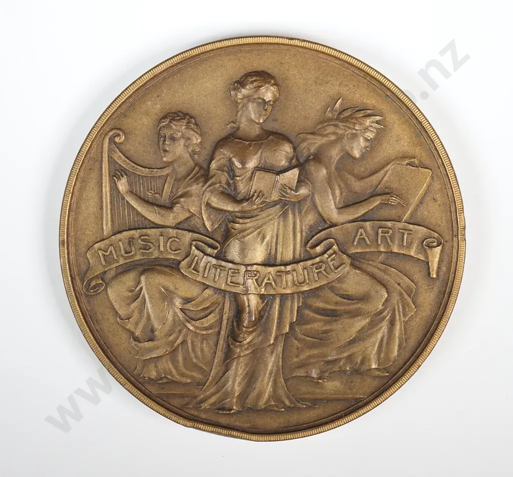 Antique bronze medal “AUCKLAND LITERARY AND MUSICAL COMPETITIONS SOCIETY N.Z.”, engraved “BOY SCOUT’S / BRIDGE BUILDING / 1910 / GEORGE TUCKER / GRANGER TROOP”, 54mm Image 1++