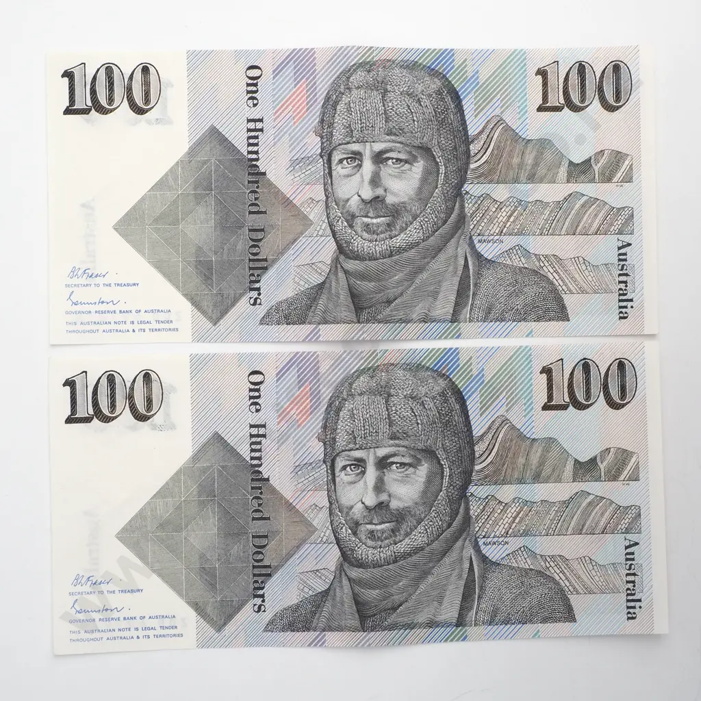 Consecutive Pair of Australian 100 Dollar Banknotes - ZDD Prefix - AUNC w Centre Crease  Image 1++