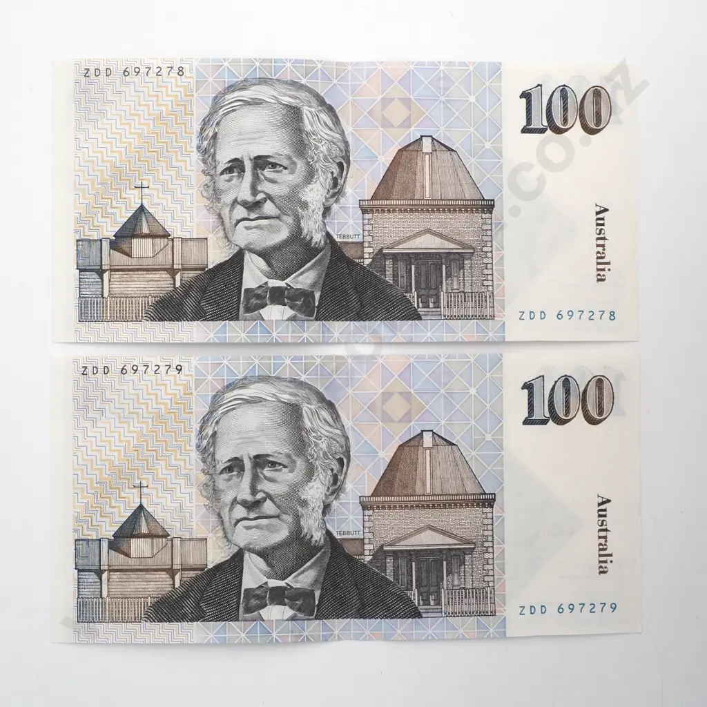 Consecutive Pair of Australian 100 Dollar Banknotes - ZDD Prefix - AUNC w Centre Crease  Image 1++