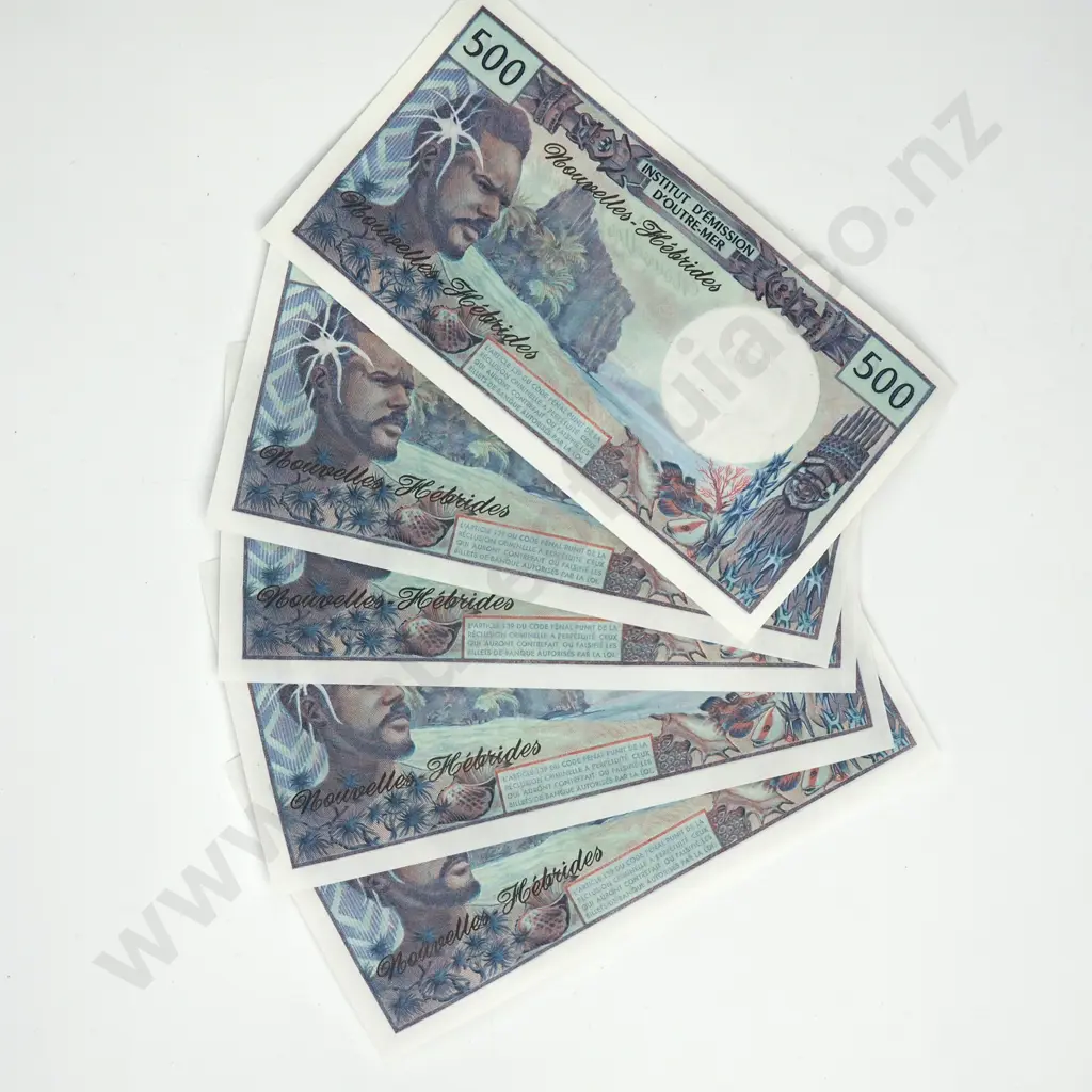 Six New Hebrides 500 Francs Uncirculated Banknotes: Total CV $810 USD Image 1++