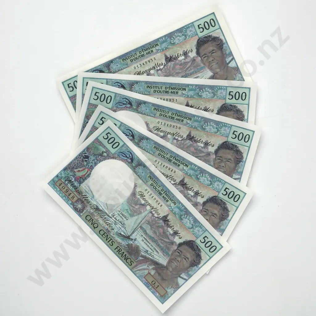 Six New Hebrides 500 Francs Uncirculated Banknotes: Total CV $810 USD Image 1++