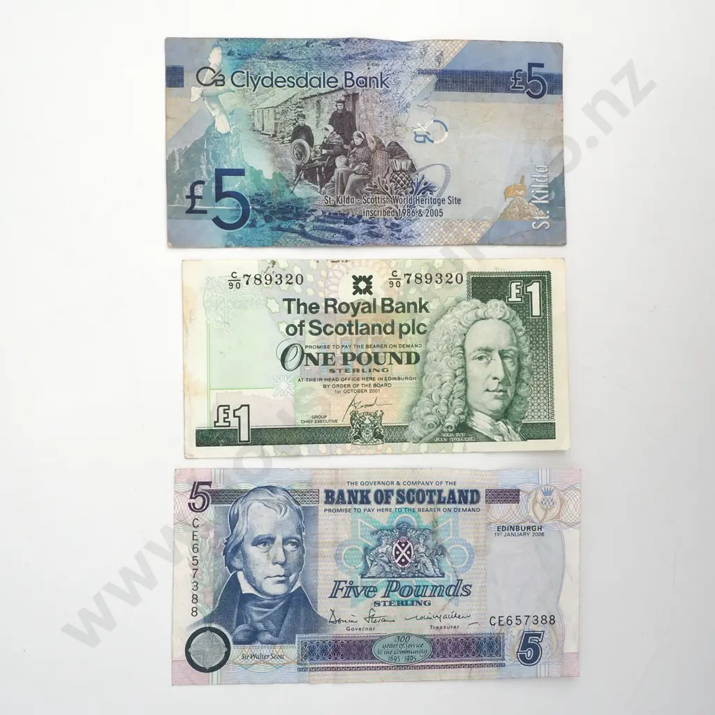 Three British Banknotes - One Pound & Two Five Pounds Image 1++