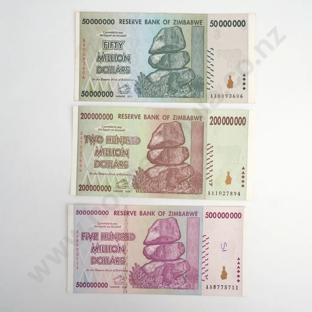 Three Zimbabwe Hyperinflation Banknotes  Image 1++