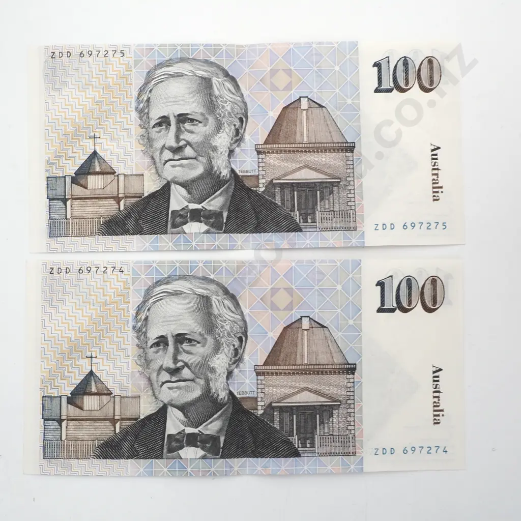 Consecutive Pair of Australian 100 Dollar Banknotes - ZDD Prefix - AUNC w Centre Crease  Image 1++