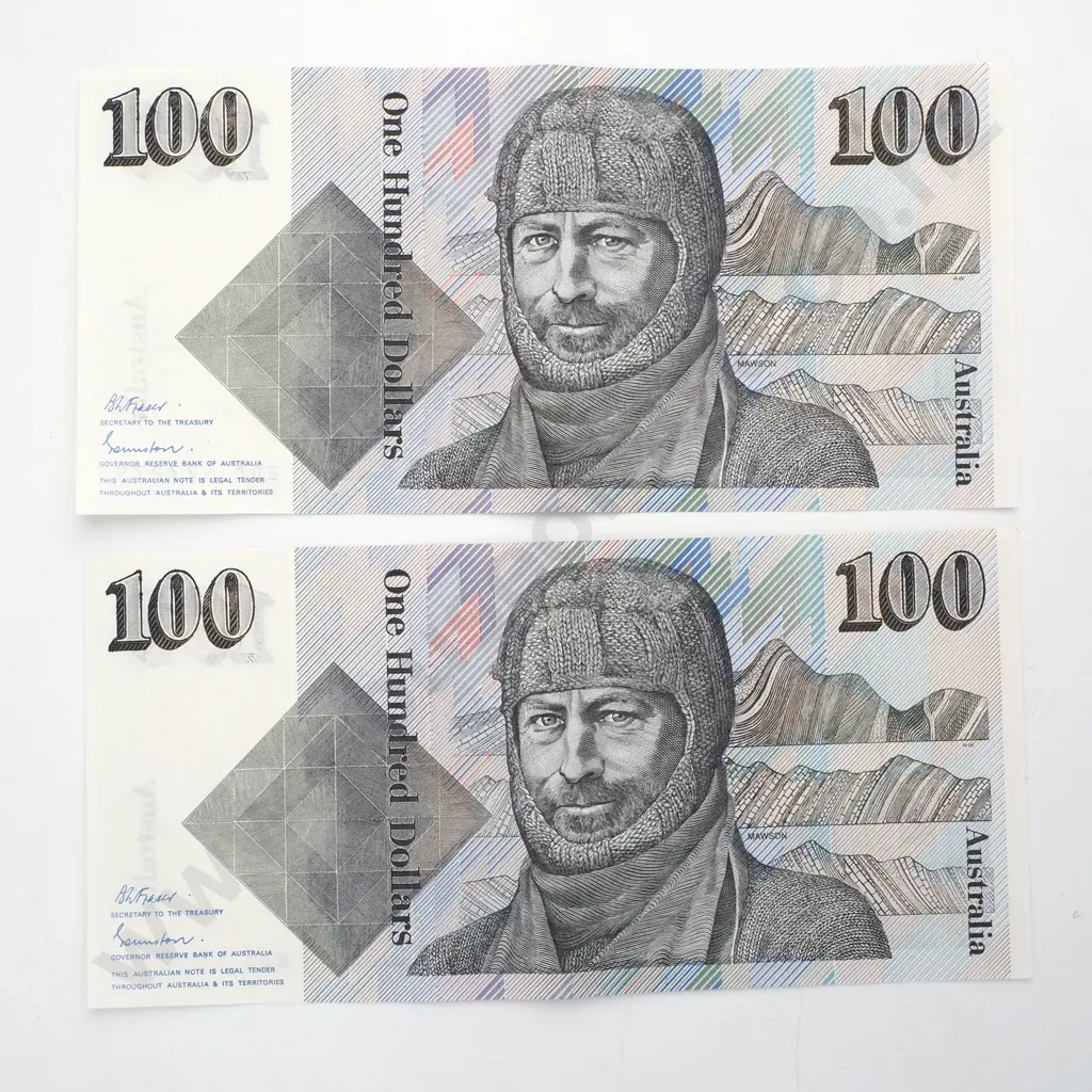 Consecutive Pair of Australian 100 Dollar Banknotes - ZDD Prefix - AUNC w Centre Crease  Image 1++