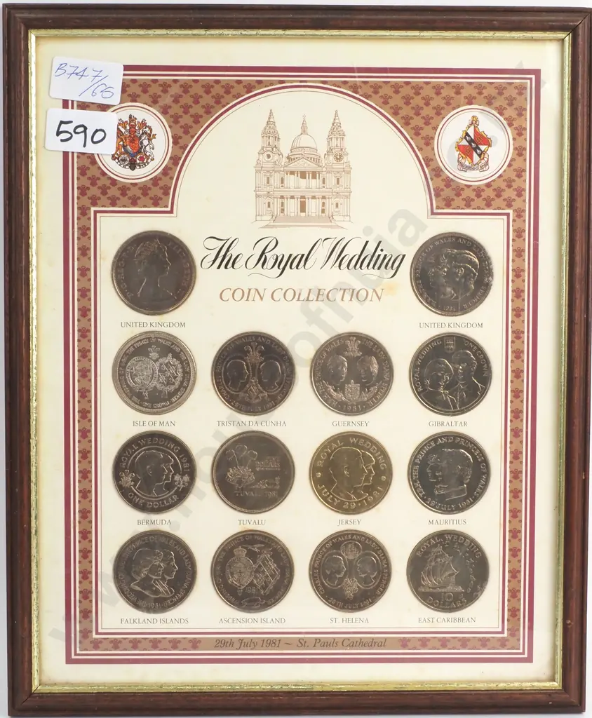 A framed set of “The Royal Wedding Collection” consisting of fourteen crown size coins issued to commemorate the wedding of Prince Charles and Lady Diana Spencer on the 29th of July, 1981 at St. Pauls Cathedral. Image 1++