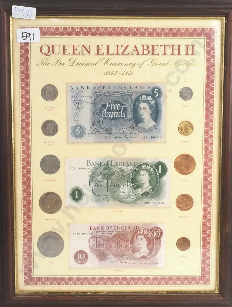 A framed set of “Queen Elizabeth II, The Pre-Decimal Currency of Great Britain, 1953 – 1971” consisting of ten coin from farthing to crown, all dated 1967 except the farthing 1954, the Scottish shilling 1963, the English shilling 1966 and the crown 1965, all uncirculated. Also includes a ten shillings banknote signed by J. S Fforde ( 1966 – 70 ), a one pound note signed by L. K. O’Brien ( 1960 – 61 ) and a five pounds note ( Z prefix ) signed by J. S Fforde ( 1966 – 70 ), all uncirculated Image 1++