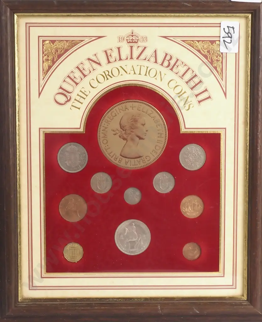 A framed set of “The Queen Elizabeth II, The Coronation Coins, 1953” consisting of a complete set of ten 1953 coins from farthing to crown in uncirculated condition Image 1++