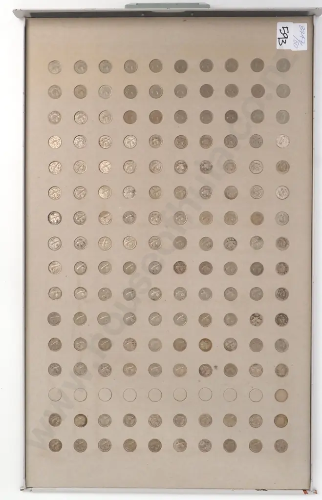 Threepences, ten of each date from 1933 to 1950 except no 1935’s, set in cardboard inside a metal tray, assuming most are in average condition but a lot look to be in better condition Image 1++