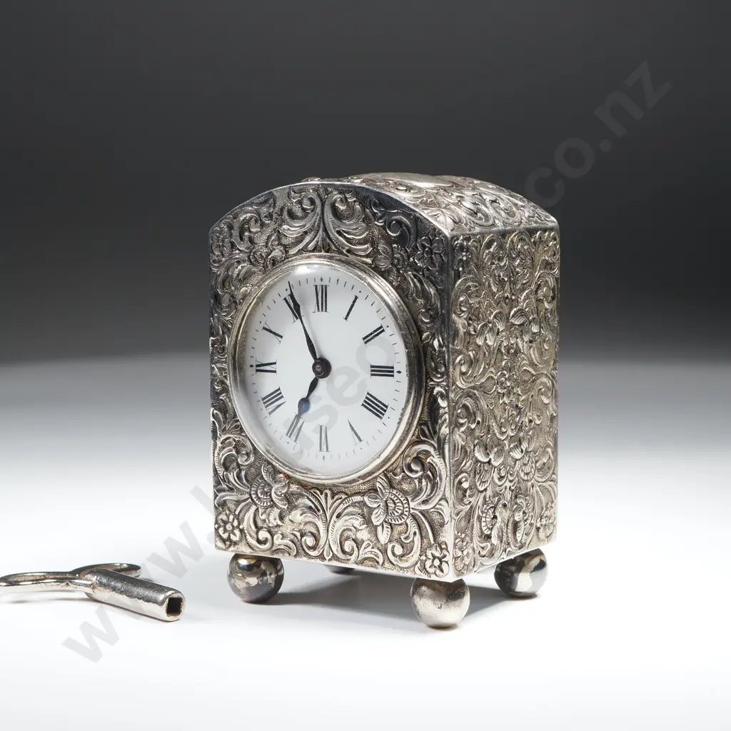 Antique Sterling Silver Cased Miniature Clock, HM London 1893, Maker Asprey Image 1++