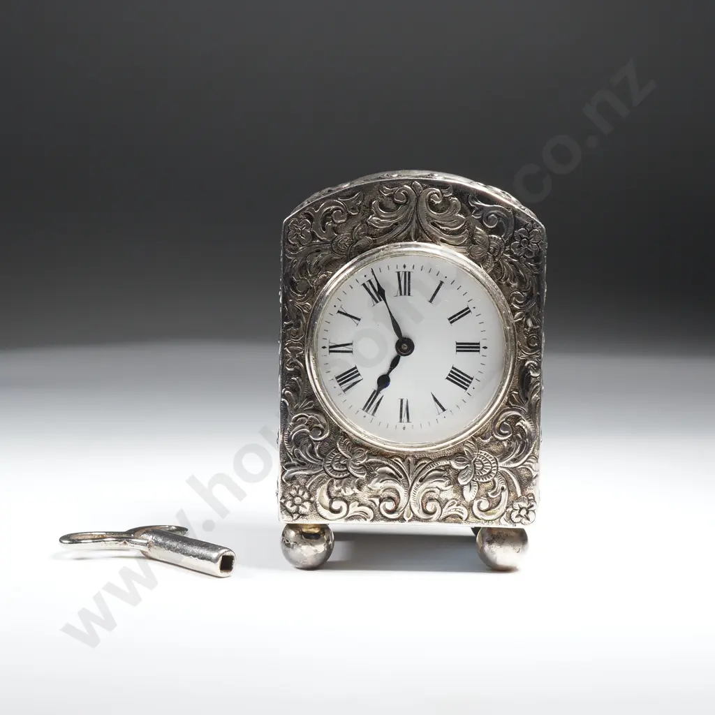 Antique Sterling Silver Cased Miniature Clock, HM London 1893, Maker Asprey Image 1++