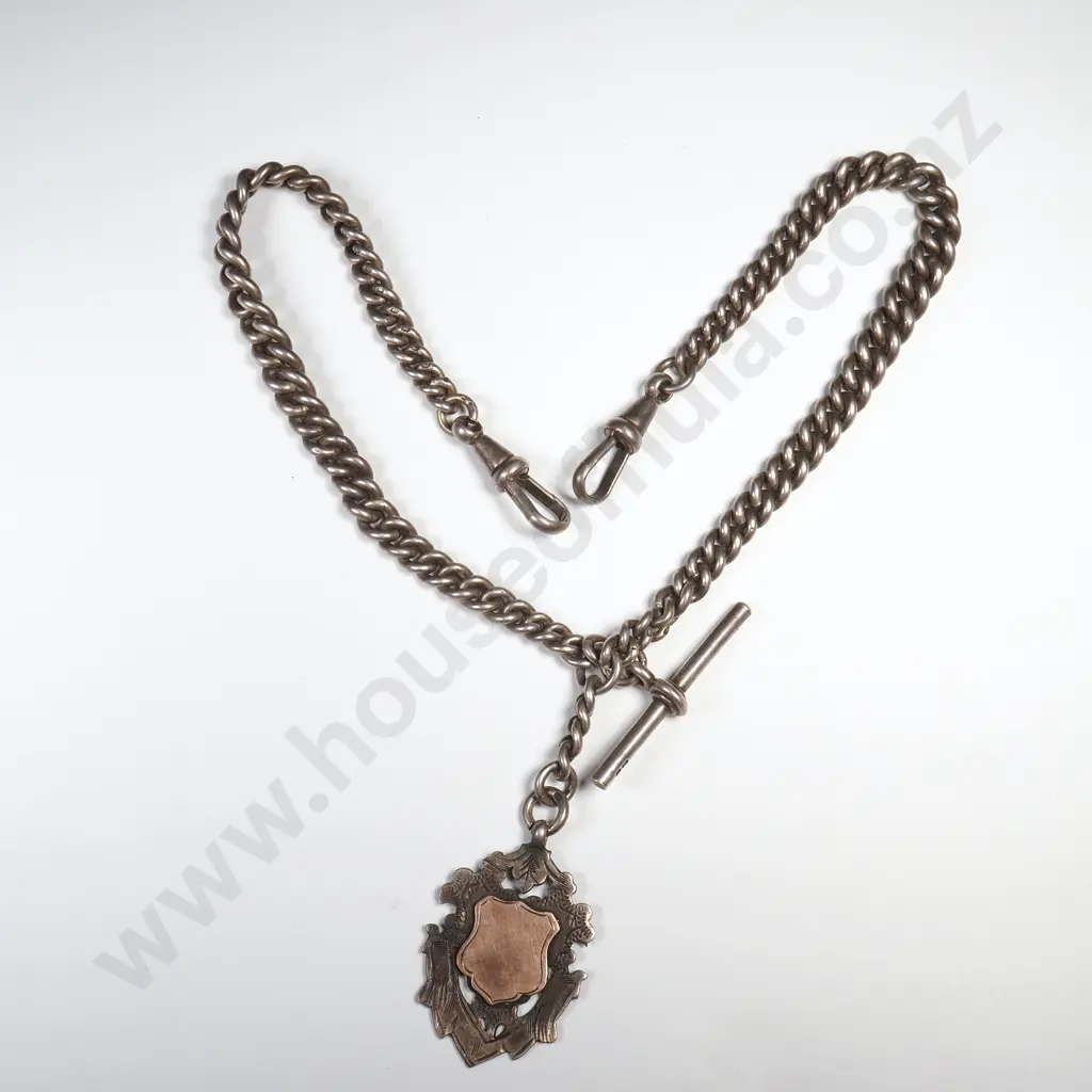 Antique Sterling Silver Double Albert Graduated Curb Link Chain With Sterling Silver Medal Image 1++