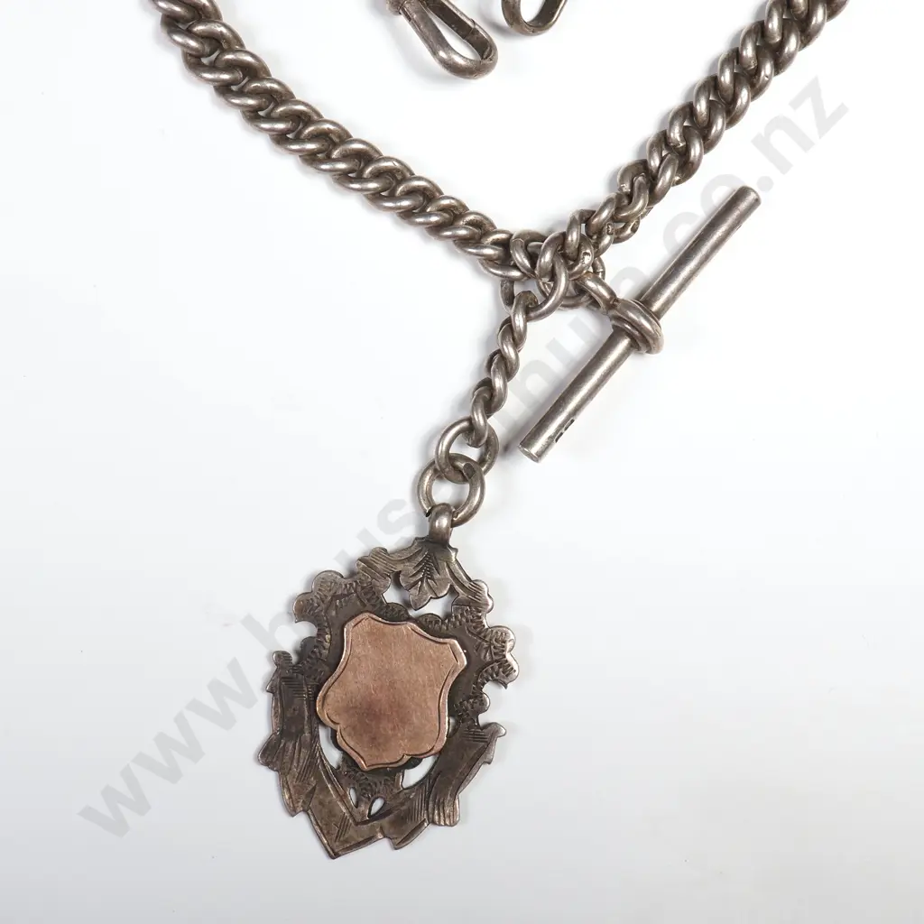 Antique Sterling Silver Double Albert Graduated Curb Link Chain With Sterling Silver Medal Image 1++
