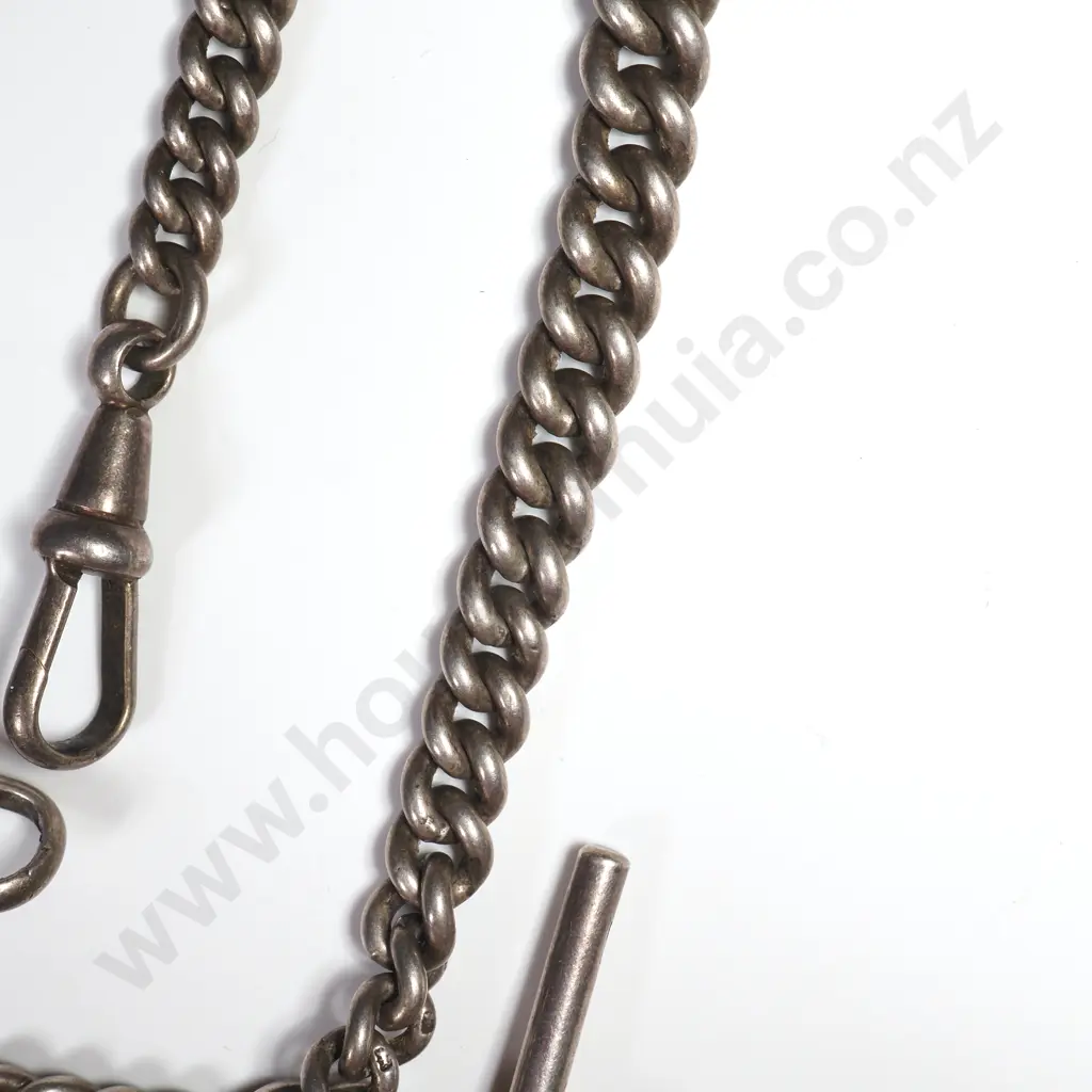 Antique Sterling Silver Double Albert Graduated Curb Link Chain With Sterling Silver Medal Image 1++