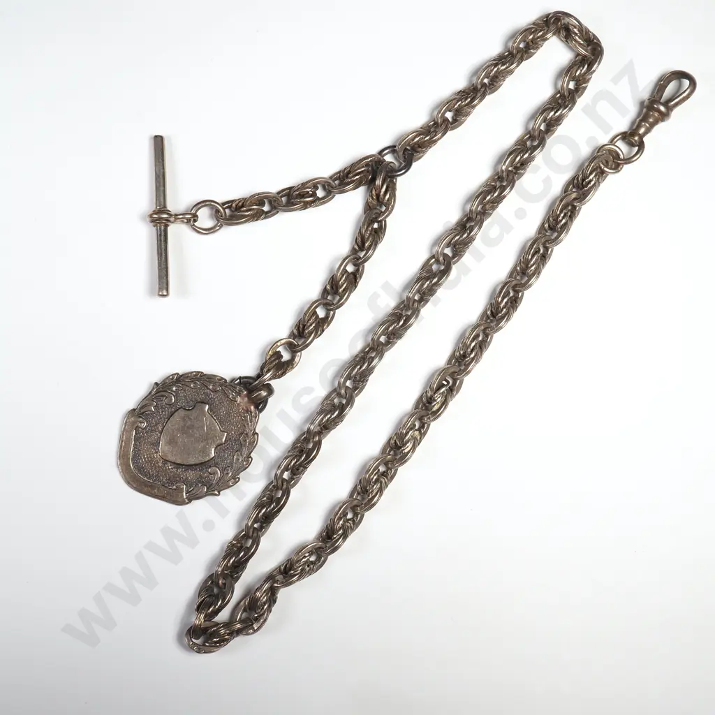 Antique Sterling Silver Prince Of Wales Link Single Albert Chain With Sterling Silver Medal Image 1++