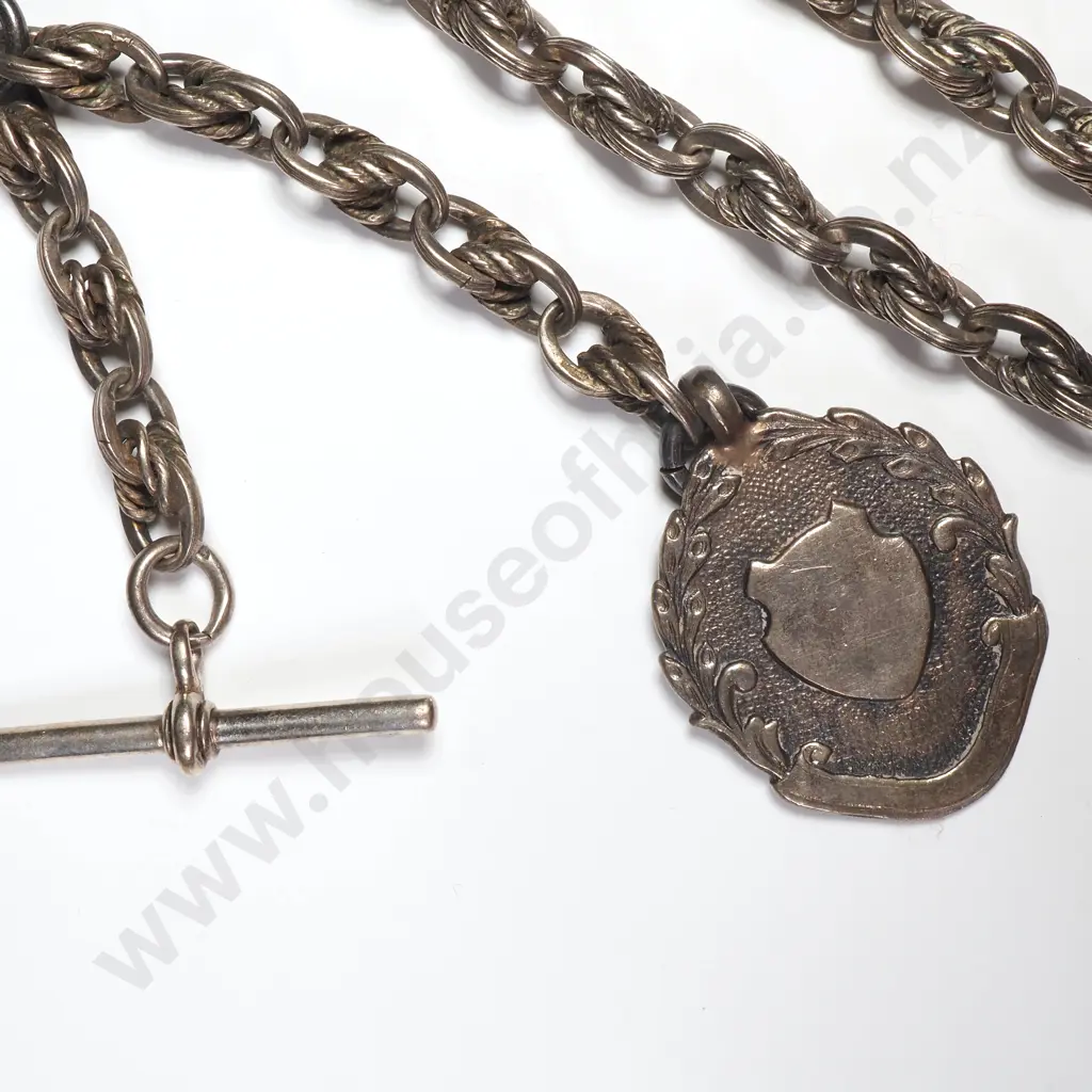 Antique Sterling Silver Prince Of Wales Link Single Albert Chain With Sterling Silver Medal Image 1++