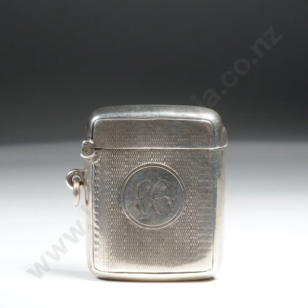 Antique Sterling Silver Vesta w Engine Turned Detailing Image 1++