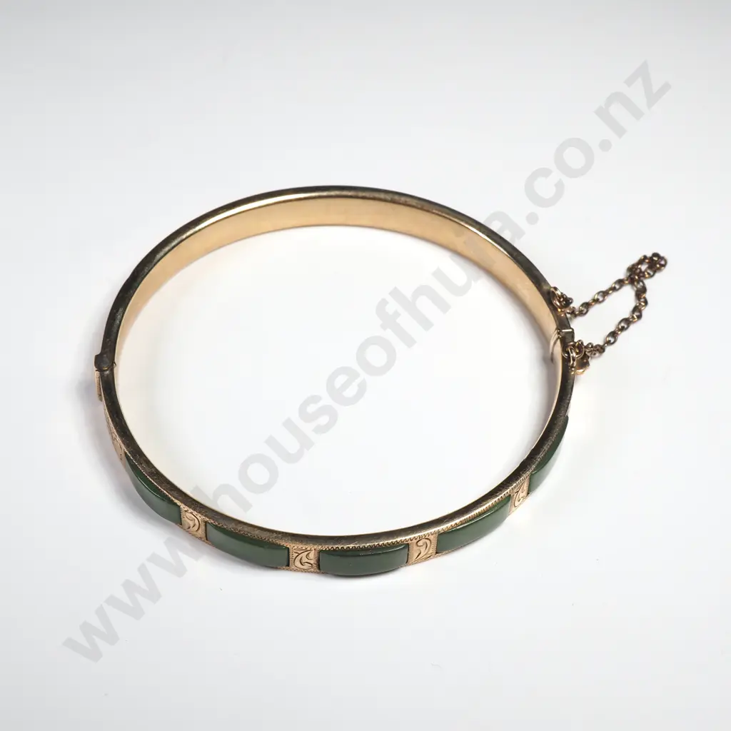 Vintage 9ct Gold Greenstone Panelled Hinged Bangle Image 1++