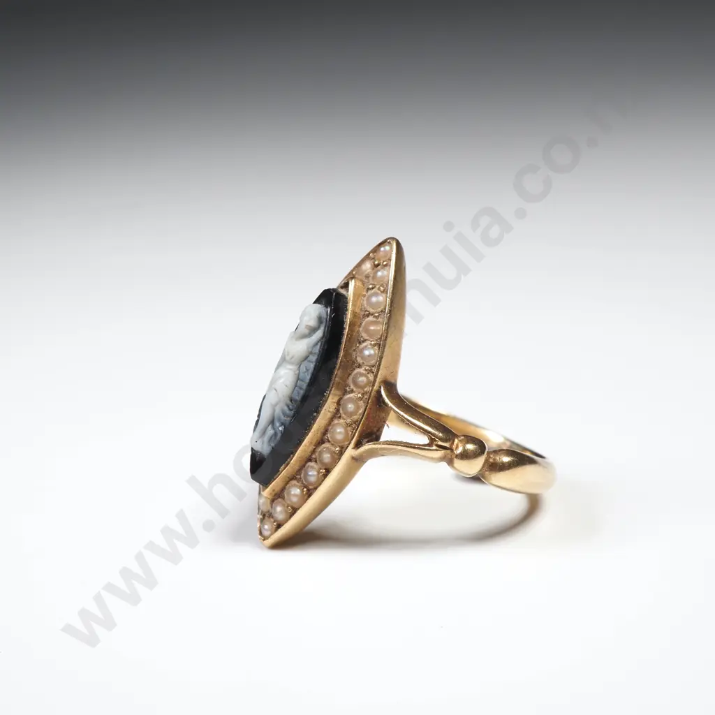 Antique 18ct Gold Cameo And Seed Pearl Mourning Ring Image 1++