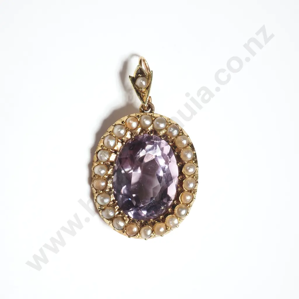 Antique 15ct Gold Amethyst And Seed Pearl Pendant Image 1++
