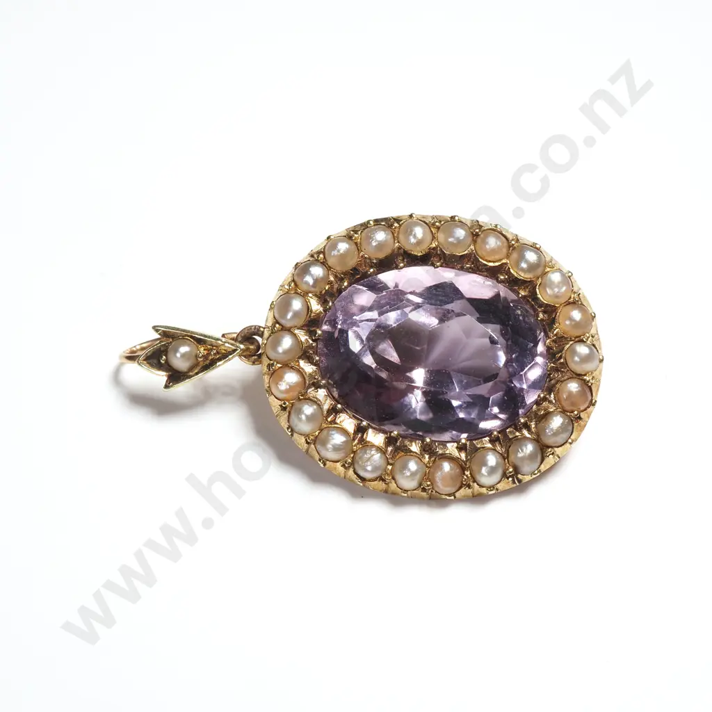 Antique 15ct Gold Amethyst And Seed Pearl Pendant Image 1++