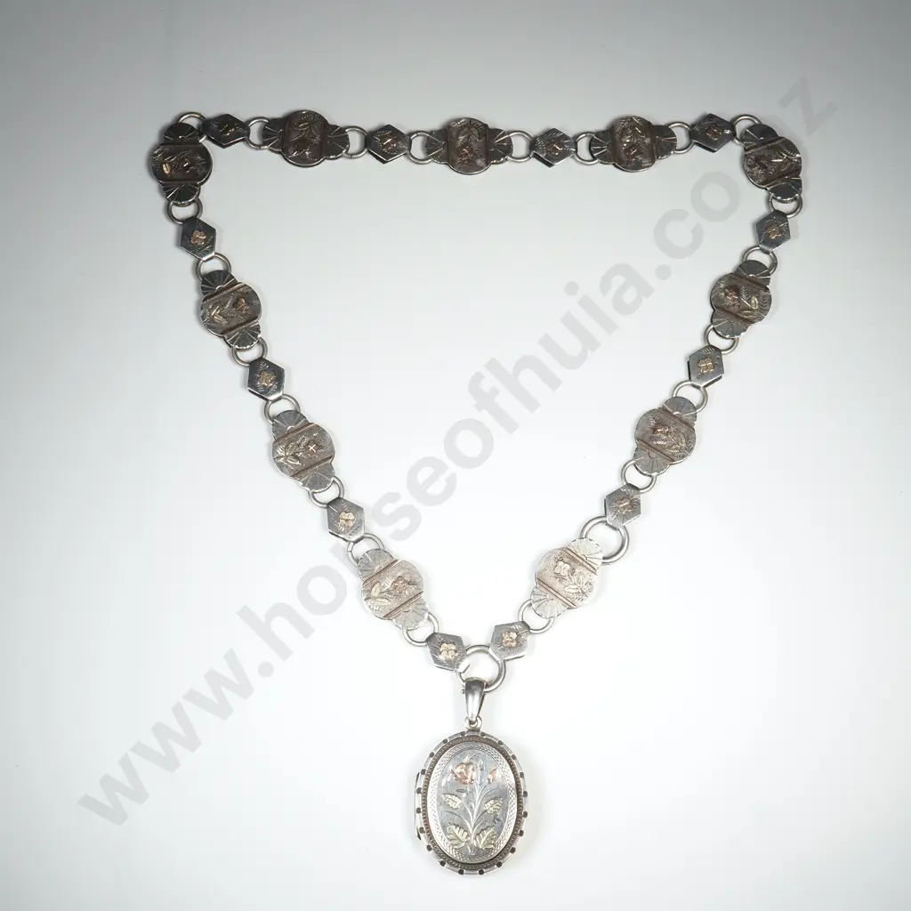 Antique Sterling Silver Mayoral Chain & Locket  w Gold Embellishments Image 1++
