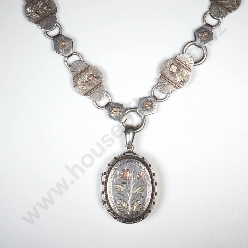 Antique Sterling Silver Mayoral Chain & Locket  w Gold Embellishments Image 1++